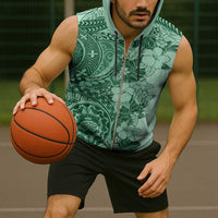 Polynesia Sleeveless Zip Hoodie Hibiscus Hawaiian Tribal Tattoo Retro Green LT9 - Polynesian Pride