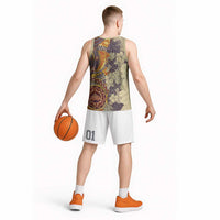 Polynesia Basketball Jersey Hibiscus Hawaiian Tribal Tattoo Retro Tan - Polynesian Pride