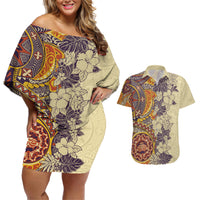 Polynesia Couples Matching Off Shoulder Short Dress and Hawaiian Shirt Hibiscus and Hawaiian Tribal Tattoo Retro Style Tan Color LT9 Tan - Polynesian Pride