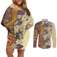 Polynesia Couples Matching Off Shoulder Short Dress and Long Sleeve Button Shirt Hibiscus and Hawaiian Tribal Tattoo Retro Style Tan Color LT9 Tan - Polynesian Pride