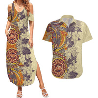 Polynesia Couples Matching Summer Maxi Dress and Hawaiian Shirt Hibiscus and Hawaiian Tribal Tattoo Retro Style Tan Color LT9 Tan - Polynesian Pride