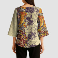 Polynesia Kimono Sleeve Blouse Hibiscus Hawaiian Tribal Tattoo Retro Tan - Polynesian Pride