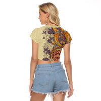 Polynesia Raglan Cropped T Shirt Hibiscus and Hawaiian Tribal Tattoo Retro Style Tan Color LT9 - Polynesian Pride