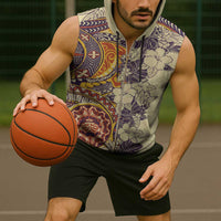 Polynesia Sleeveless Zip Hoodie Hibiscus Hawaiian Tribal Tattoo Retro Tan - Polynesian Pride