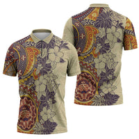 Polynesia Zipper Polo Shirt Hibiscus Hawaiian Tribal Tattoo Retro Tan - Polynesian Pride