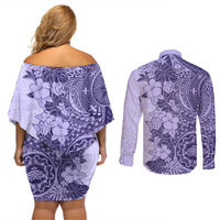 Polynesia Couples Matching Off Shoulder Short Dress and Long Sleeve Button Shirt Hibiscus and Hawaiian Tribal Tattoo Retro Style Violet Color LT9 - Polynesian Pride