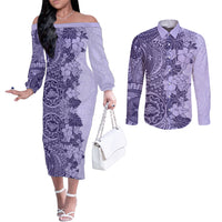 Polynesia Couples Matching Off The Shoulder Long Sleeve Dress and Long Sleeve Button Shirt Hibiscus and Hawaiian Tribal Tattoo Retro Style Violet Color LT9 Violet - Polynesian Pride