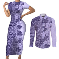 Polynesia Couples Matching Short Sleeve Bodycon Dress and Long Sleeve Button Shirt Hibiscus and Hawaiian Tribal Tattoo Retro Style Violet Color LT9 Violet - Polynesian Pride