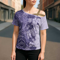 Polynesia Cross Shoulder Shirt Hibiscus Hawaiian Tribal Tattoo Retro Violet - Polynesian Pride