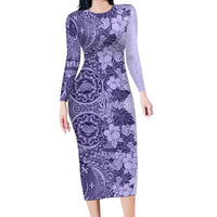 Polynesia Long Sleeve Bodycon Dress Hibiscus and Hawaiian Tribal Tattoo Retro Style Violet Color LT9 Long Dress Violet - Polynesian Pride