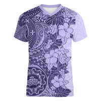 Polynesia Women V Neck T Shirt Hibiscus and Hawaiian Tribal Tattoo Retro Style Violet Color LT9 Female Violet - Polynesian Pride