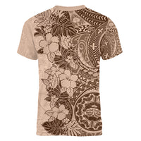 Polynesia Women V Neck T Shirt Hibiscus and Hawaiian Tribal Tattoo Retro Style Pink Pastel LT9 - Polynesian Pride