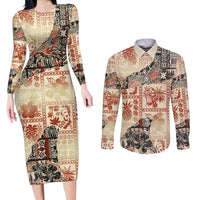 Hawaii Couples Matching Long Sleeve Bodycon Dress and Long Sleeve Button Shirt Aloha Tribal Pattern Beige Version LT9 Beige - Polynesian Pride