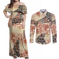 Hawaii Couples Matching Off Shoulder Maxi Dress and Long Sleeve Button Shirt Aloha Tribal Pattern Beige Version LT9 Beige - Polynesian Pride