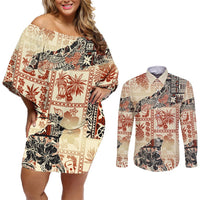 Hawaii Couples Matching Off Shoulder Short Dress and Long Sleeve Button Shirt Aloha Tribal Pattern Beige Version LT9 Beige - Polynesian Pride