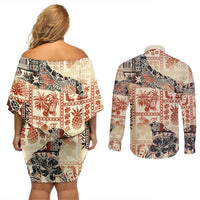 Hawaii Couples Matching Off Shoulder Short Dress and Long Sleeve Button Shirt Aloha Tribal Pattern Beige Version LT9 - Polynesian Pride