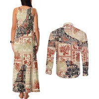 Hawaii Couples Matching Tank Maxi Dress and Long Sleeve Button Shirt Aloha Tribal Pattern Beige Version LT9 - Polynesian Pride