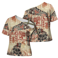 Hawaii Beige Version Cross Shoulder Shirt Aloha Tribal Pattern LT9 - Polynesian Pride