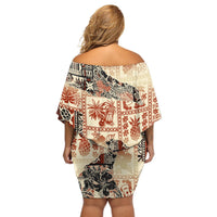 Hawaii Off Shoulder Short Dress Aloha Tribal Pattern Beige Version LT9 - Polynesian Pride