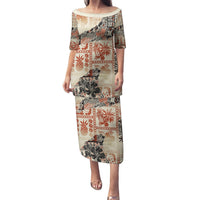 Hawaii Puletasi Aloha Tribal Pattern Beige Version LT9 Long Dress Beige - Polynesian Pride