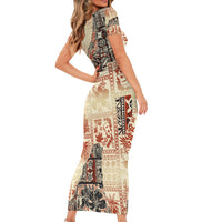 Hawaii Short Sleeve Bodycon Dress Aloha Tribal Pattern Beige Version LT9 - Polynesian Pride