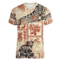 Hawaii Women V Neck T Shirt Aloha Tribal Pattern Beige Version LT9 Female Beige - Polynesian Pride