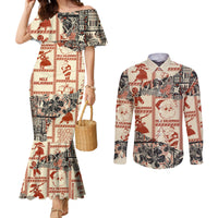 Aloha Hawaii Christmas Couples Matching Mermaid Dress and Long Sleeve Button Shirt Mele Kalikimaka Tapa Tribal Retro Style LT9 Beige - Polynesian Pride