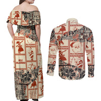 Aloha Hawaii Christmas Couples Matching Off Shoulder Maxi Dress and Long Sleeve Button Shirt Mele Kalikimaka Tapa Tribal Retro Style LT9 - Polynesian Pride