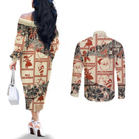 Aloha Hawaii Christmas Couples Matching Off The Shoulder Long Sleeve Dress and Long Sleeve Button Shirt Mele Kalikimaka Tapa Tribal Retro Style LT9 - Polynesian Pride