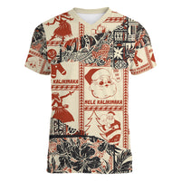 Aloha Hawaii Christmas Women V Neck T Shirt Mele Kalikimaka Tapa Tribal Retro Style LT9 Female Beige - Polynesian Pride
