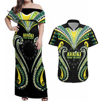 Custom Rugby Cook Islands Avaiki Couples Matching Off Shoulder Maxi Dress and Hawaiian Shirt Black Kuki Airani Tribal Maori Inspired - Polynesian Pride
