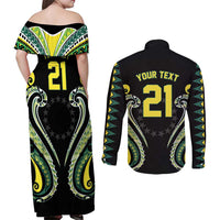 Custom Rugby Cook Islands Avaiki Couples Matching Off Shoulder Maxi Dress and Long Sleeve Button Shirt Black Kuki Airani Tribal Maori Inspired - Polynesian Pride