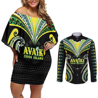 Custom Rugby Cook Islands Avaiki Couples Matching Off Shoulder Short Dress and Long Sleeve Button Shirt Black Kuki Airani Tribal Maori Inspired - Polynesian Pride