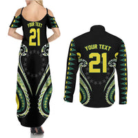 Custom Rugby Cook Islands Avaiki Couples Matching Summer Maxi Dress and Long Sleeve Button Shirt Black Kuki Airani Tribal Maori Inspired - Polynesian Pride