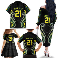 Custom Rugby Cook Islands Avaiki Family Matching Off The Shoulder Long Sleeve Dress and Hawaiian Shirt Black Kuki Airani Tribal Maori Inspired - Polynesian Pride