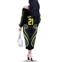 Custom Rugby Cook Islands Avaiki Family Matching Off The Shoulder Long Sleeve Dress and Hawaiian Shirt Black Kuki Airani Tribal Maori Inspired - Polynesian Pride