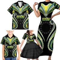 Custom Rugby Cook Islands Avaiki Family Matching Short Sleeve Bodycon Dress and Hawaiian Shirt Black Kuki Airani Tribal Maori Inspired - Polynesian Pride