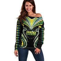 Custom Rugby Cook Islands Avaiki Off Shoulder Sweater Black Kuki Airani Tribal Maori Inspired - Polynesian Pride