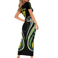 Custom Rugby Cook Islands Avaiki Short Sleeve Bodycon Dress Black Kuki Airani Tribal Maori Inspired - Polynesian Pride
