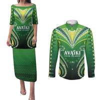Custom Rugby Cook Islands Avaiki Couples Matching Puletasi and Long Sleeve Button Shirt Green Kuki Airani Tribal Maori Inspired - Polynesian Pride