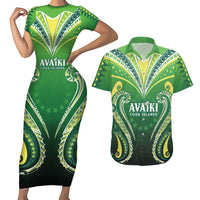Custom Rugby Cook Islands Avaiki Couples Matching Short Sleeve Bodycon Dress and Hawaiian Shirt Green Kuki Airani Tribal Maori Inspired - Polynesian Pride