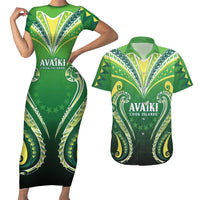 Custom Rugby Cook Islands Avaiki Couples Matching Short Sleeve Bodycon Dress and Hawaiian Shirt Green Kuki Airani Tribal Maori Inspired - Polynesian Pride