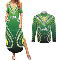 Custom Rugby Cook Islands Avaiki Couples Matching Summer Maxi Dress and Long Sleeve Button Shirt Green Kuki Airani Tribal Maori Inspired LT9 Green - Polynesian Pride