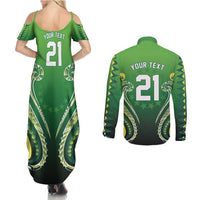 Custom Rugby Cook Islands Avaiki Couples Matching Summer Maxi Dress and Long Sleeve Button Shirt Green Kuki Airani Tribal Maori Inspired - Polynesian Pride