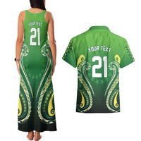 Custom Rugby Cook Islands Avaiki Couples Matching Tank Maxi Dress and Hawaiian Shirt Green Kuki Airani Tribal Maori Inspired - Polynesian Pride
