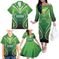 Custom Rugby Cook Islands Avaiki Family Matching Off The Shoulder Long Sleeve Dress and Hawaiian Shirt Green Kuki Airani Tribal Maori Inspired - Polynesian Pride