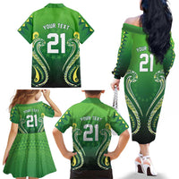 Custom Rugby Cook Islands Avaiki Family Matching Off The Shoulder Long Sleeve Dress and Hawaiian Shirt Green Kuki Airani Tribal Maori Inspired - Polynesian Pride