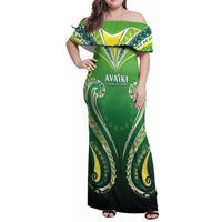Custom Rugby Cook Islands Avaiki Family Matching Off Shoulder Maxi Dress and Hawaiian Shirt Green Kuki Airani Tribal Maori Inspired - Polynesian Pride