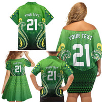 Custom Rugby Cook Islands Avaiki Family Matching Off Shoulder Short Dress and Hawaiian Shirt Green Kuki Airani Tribal Maori Inspired - Polynesian Pride