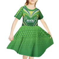 Custom Rugby Cook Islands Avaiki Kid Short Sleeve Dress Green Kuki Airani Tribal Maori Inspired - Polynesian Pride